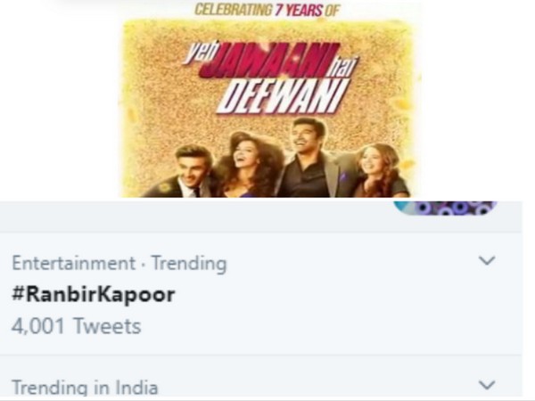 #RanbirKapoor trends on Twitter as 'Yeh Jawaani Hai Deewani' clocks 7 years (Image source: Twitter) 