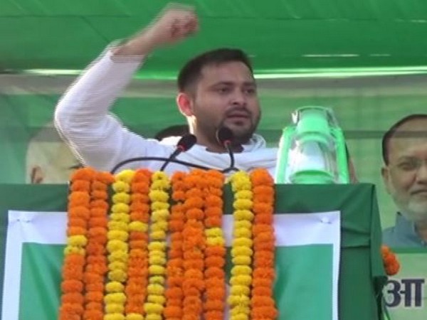 Rashtriya Janata Dal (RJD) leader Tejashwi Yadav speaking in Gaya on Monday. Photo/ANI