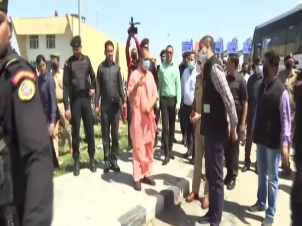 Uttar Pradesh Chief Minister Yogi Adityanath reviews the arrangement at Agra Expressway on Sunday. Photo/ANI