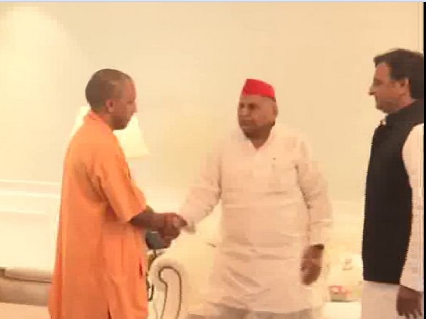 UP CM Yogi Adityanath with SP leaders Mulayam Singh Yadav and Akhilesh Yadav