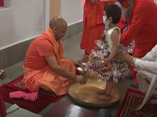 Uttar Pradesh CM Yogi Adityanath performing 'Kanya Pujan' in Gorakhpur. (Photo/ANI)