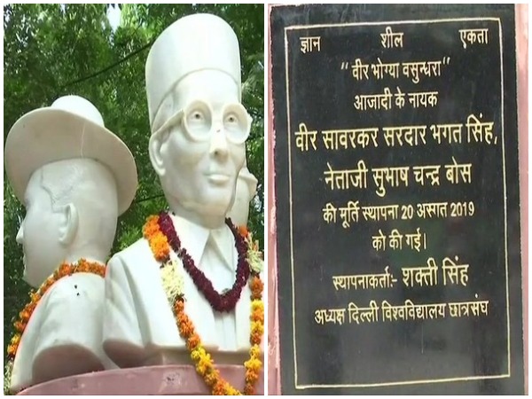 Busts of VD Savarkar, Bhagat Singh and Subhash Chandra Bose installed outside the Delhi University's Art Faculty on the north campus on Tuesday. Photo/ANI 
