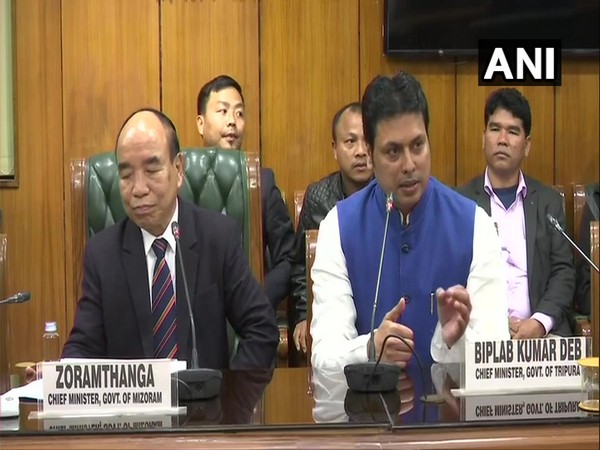 Mizoram Chief Minister Zoramthanga and Tripura Chief Minister Biplab Kumar Deb during apress conference in New delhi on Thursday. (Photo/ANI)