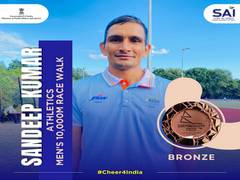 
      
      CWG: Sandeep Kumar captures bronze in men's 10,000 m race walk
      
      