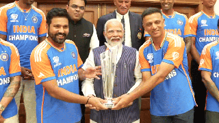 
      
      PM Modi meets victorious ICC T20 World Cup team at his residence
      
      