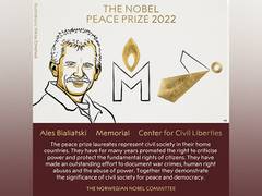 
      
      Bialiatski, Memorial, Ukraine org win 2022 Nobel Peace Prize
      
      