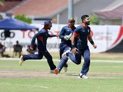 
      
      US players Ali Khan, Jasdeep Singh, Jersey's Elliot Miles penalis
      
      