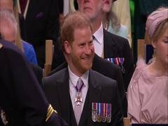
      
      Prince Harry looks joyful at King Charles III's enthronement
      
      