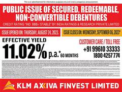 
      
      KLM Axiva Finvest to raise up to Rs 15,000 lakhs 
      
      