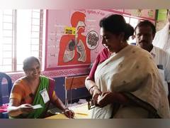 
      
      Former Union Minister Renuka Chowdhury casts her vote at Khammam 
      
      