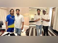
      
      Jassie Gill poses with MS Dhoni, Dwayne Bravo after CSK match
      
      