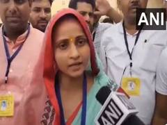 
      
      Congress' Sanjana Jatav celebrates her win over BJP in Bharatpur
      
      