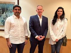 
      
      TDP leader Nara Lokesh and his wife meet former UK PM Blair 
      
      