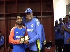 
      
      VVS Laxman presents Rinku Singh with Fielder of the Series award
      
      