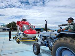 
      
      IAF team of Sarang helicopters take off 
      
      