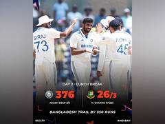 
      
      Indian seamers restrict Bangladesh to 26/3 at stroke of Lunch
      
      