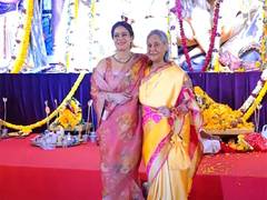 
      
      Jaya Bachchan poses with Kajol at Durga Puja pandal
      
      