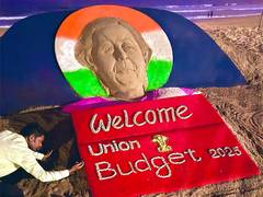 
      
      Sudarsan Pattnaik crafts sand sculpture on Union Budget 2025
      
      