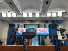 
      
      White House briefing room TV screens display “Gulf of Ameria