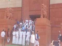 
      
      Congress MPs stage protest against Centre on issue of US tariffs
      
      