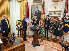 
      
      Donald Trump's session with reporters cut short as young girl
      
      
