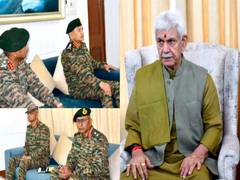 
      
      J-K LG Manoj Sinha reviews security with Army Chief, says 