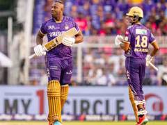 
      
      Russell muscles KKR to 206-4 in their 20 overs against RR
      
      