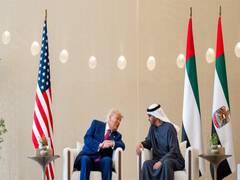 
      
      Burj Khalifa lit up in American flag colours
      
      