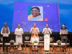 
      
       Defence Minister Rajnath Singh releases President Murmu's book 
      
      