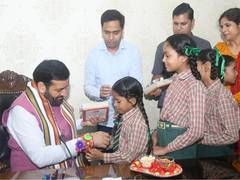 
      
      School girls tie rakhi to Haryana CM Nayab Saini on Raksha Bandha
      
      