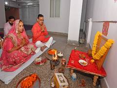 
      
      Bhajanlal Sharma lights lamp at his residence during Diwali
      
      