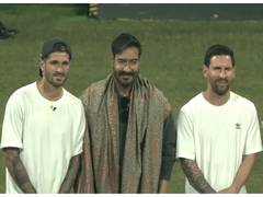 
      
      Ajay Devgn meets footballers Lionel Messi, Luis Suarez in Mumbai 
      
      
