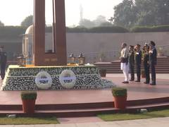
      
      Rajnath Singh along with Tri-Service Chiefs, CDS pays tribute
      
      