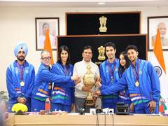 
      
      Mansukh Mandaviya felicitates Indian Squash Team after WC win
      
      