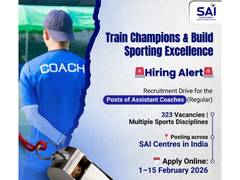 
      
      SAI invites applications for 323 Assistant Coaches 
      
      