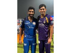 
      
      KKR's Kartik Tyagi poses with 'GOAT' Jasprit Bumrah
      
      