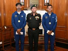 
      
      Army Chief Gen Dhiraj Seth felicitates rowers Lakshay, Ujjwal
      
      