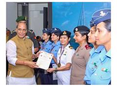 Rajnath Singh felicitates crew of IASV Triveni for completing first-ever all-women Tri-services circumnavigation sailing expedition
