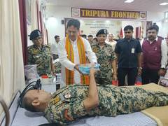 
      
      Tripura CM Manik Saha attends blood donation camp
      
      