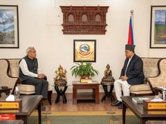 
      
      Indian envoy Naveen Srivastava makes farewell call on Nepal FM
      
      