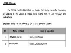 
      
      Rajya Sabha by-polls: BJP nominates Arun Singh from UP, KC...
      
      