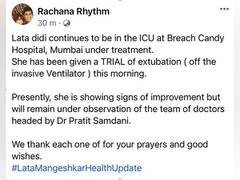 
      
      Lata Mangeshkar off the Invasive Ventilator' an update by...
      
      