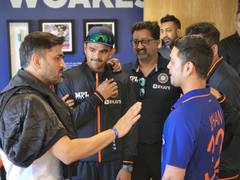 
      
      MS Dhoni interacts with Indian players after win over England
      
      