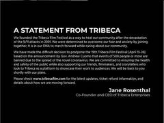 
      
      Tribeca Film Festival postponed due to coronavirus
      
      