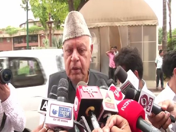 National Conference Chairman Farooq Abdullah speaking to media in New Delhi on June 28. Photo/ANI 