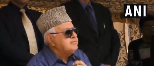 NC leader Farooq Abdullah addressing a public rally at Srinagar on Monday 