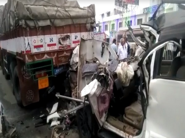 Photographs of the car which hit truck in Guntur, Andhra Pradesh.