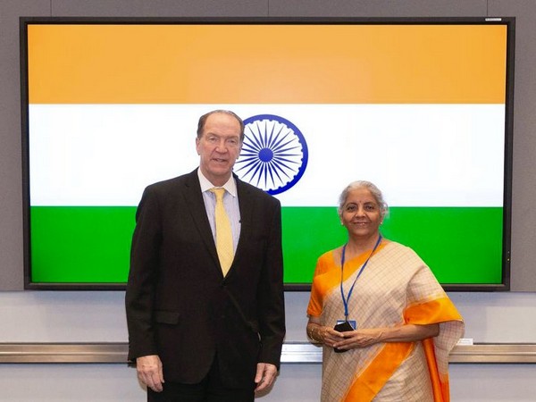 Finance Minister Nirmala Sitharaman during a meeting with World Bank Group President David Malpass  in Washington.
