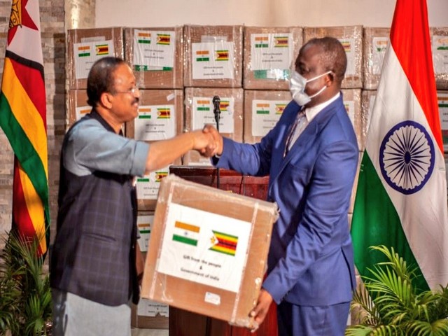 Minister of State for External Affairs, V. Muraleedharan handed over a consignment of 288 boxes of medicines to Deputy Minister of Health and Family Welfare John Mangwiro.