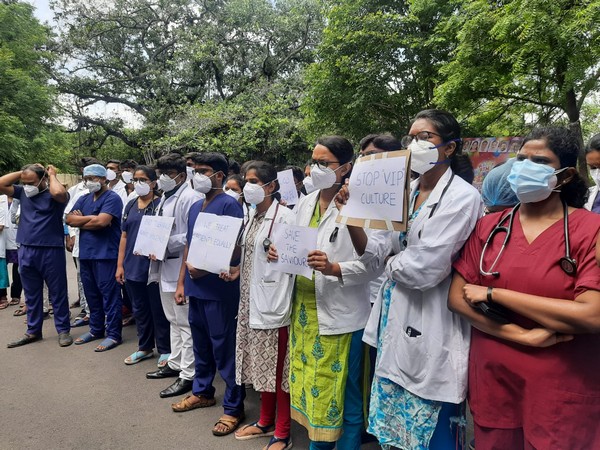 Doctors protesting outside the Government Chest Hospital in Hyderabad on Monday. (Photo/ANI)
